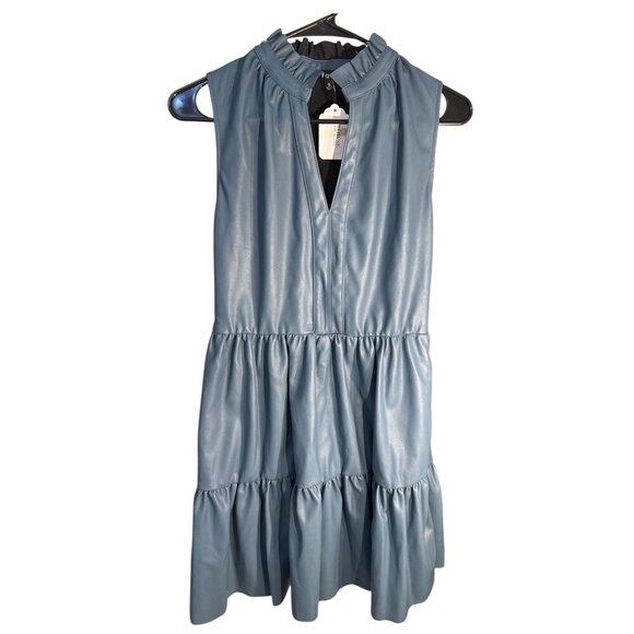 Fate Halter Tier Mini Faux Leather Ruffled Dress Steel Blue Size Small, NWT - Picture 1 of 8